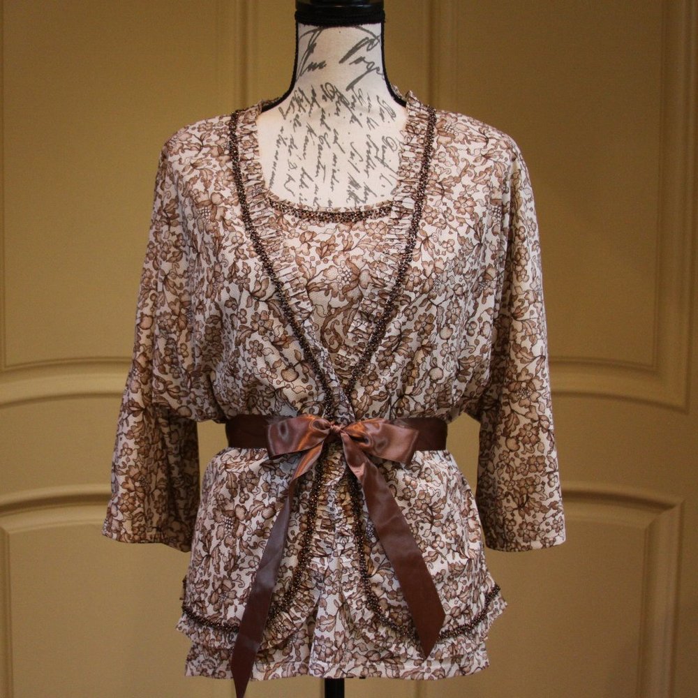 Elegant sequined ruffle brown white floral 2-piece